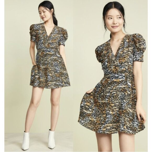 SALONI Lea 100% Silk Crepe Mini Wrap Dress in Ink Tiger Print - Size US 4